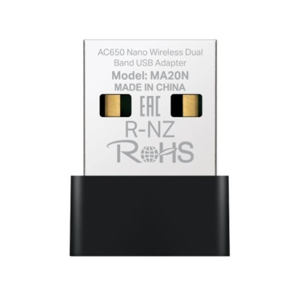 ADAPTADOR DE RED MERCUSYS MA20N(US) DUAL BAND USB 2.0 433 MBPS (5 GHz)   200  MBPS (2,4 GHz)