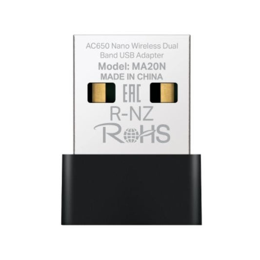 ADAPTADOR DE RED MERCUSYS MA20N(US) DUAL BAND USB 2.0 433 MBPS (5 GHz)   200  MBPS (2,4 GHz)