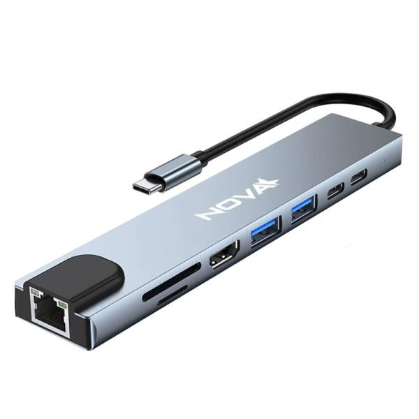 HUB INTELIGENTE NOVA FAA383CC001C 8 EN 1 USB-C 1 PUERTO MICRO SD 1 PUERTO TF CARD 1 PUERTO RJ45 1 PUERTO USB-C 2 PUERTOS USB-A 3.0 1 PUERTO PD CARGA RAPIDA Y 1 PUERTO HDMI 4K