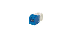 Detalle del conector de red Panduit Cat6A azul para cableado estructurado