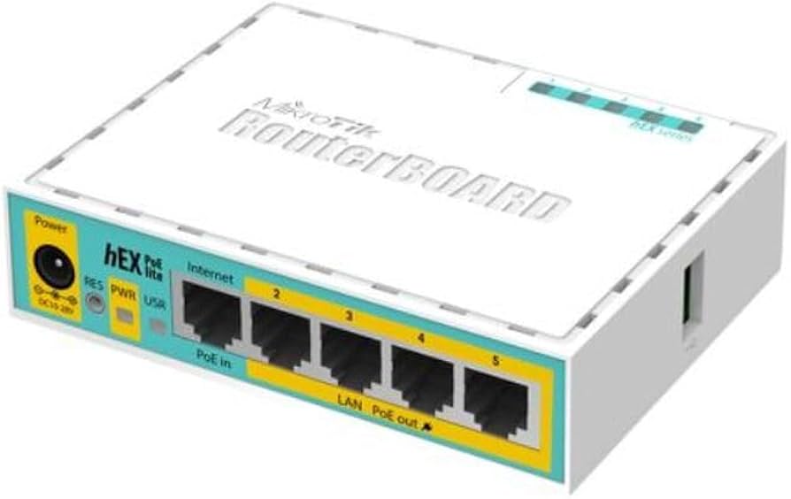 Vista frontal del router MikroTik hEX PoE lite con puertos PoE pasivo