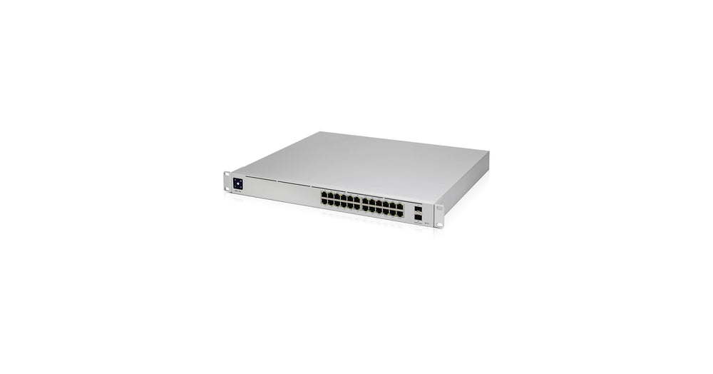 Vista frontal del Switch UniFi Pro 24 PoE mostrando puertos Ethernet y SFP+ para red empresarial