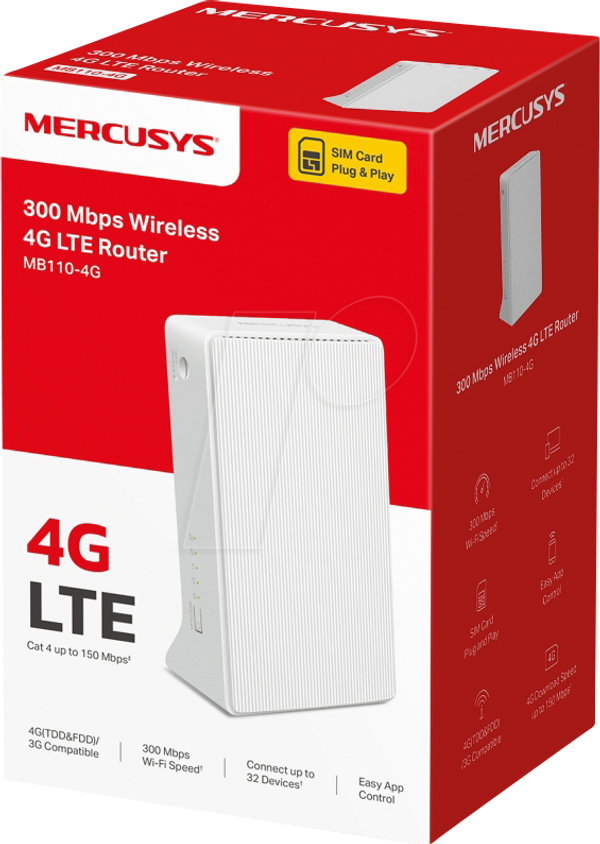 Vista frontal del Router inalámbrico Mercusys 300Mbps N MB110-4G