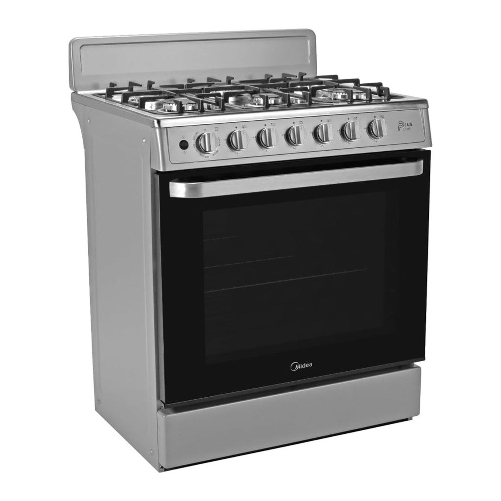 Midea Cocina a gas 30 pulgadas silver 6 quemadores capelo hierro fundido MGS30FS1BEABG