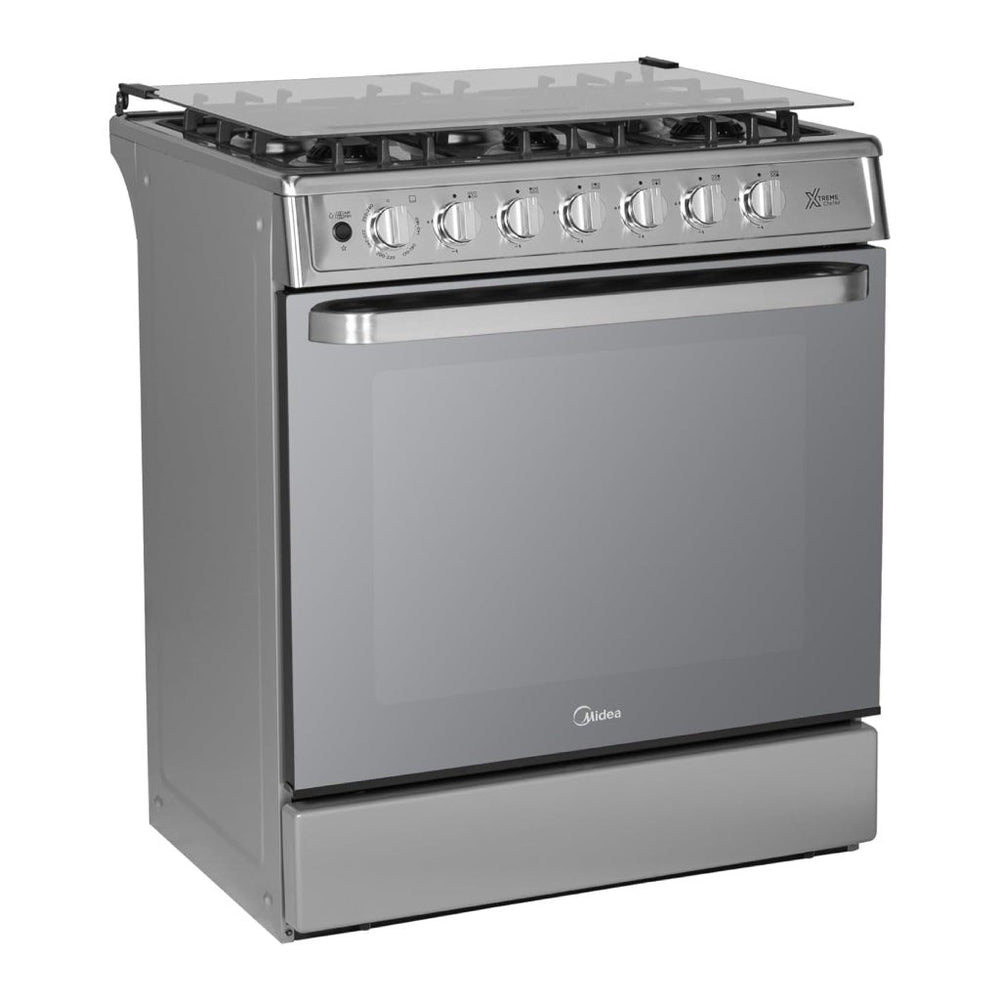 Midea Cocina a gas 30 pulgadas negra 6 quemadores capelo air fryer parrillas de hierro fundido MGS30FS1LEAMSS