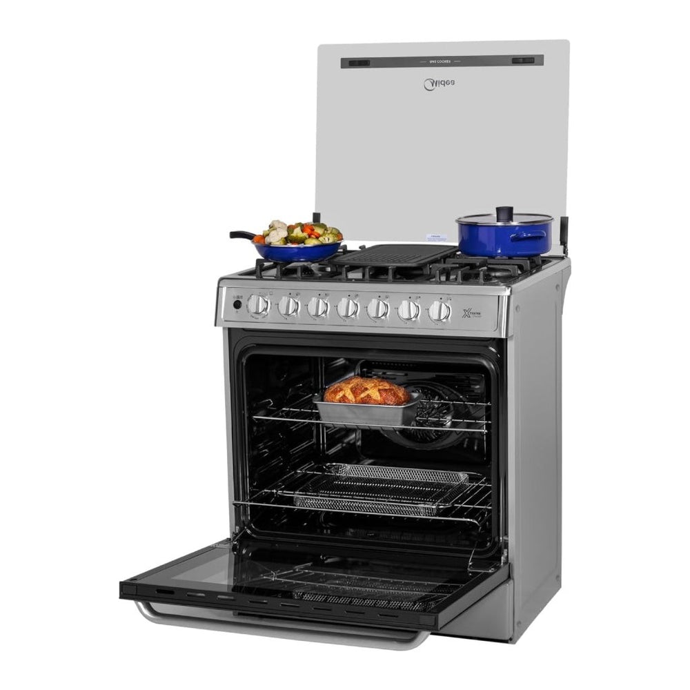 Midea Cocina a gas 30 pulgadas negra 6 quemadores capelo air fryer parrillas de hierro fundido MGS30FS1LEAMSS