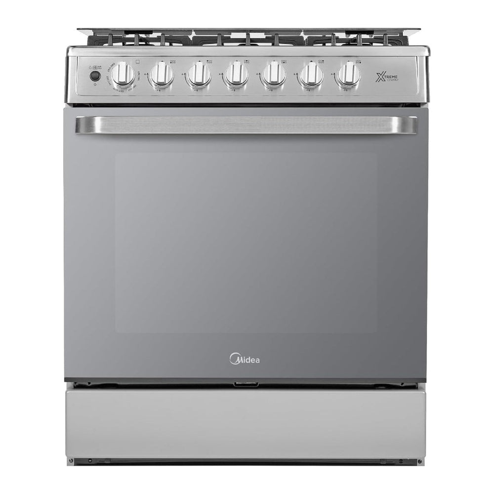 Midea Cocina a gas 30 pulgadas negra 6 quemadores capelo air fryer parrillas de hierro fundido MGS30FS1LEAMSS