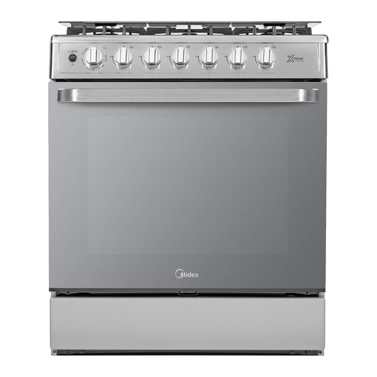 Midea Cocina a gas 30 pulgadas negra 6 quemadores capelo air fryer parrillas de hierro fundido MGS30FS1LEAMSS