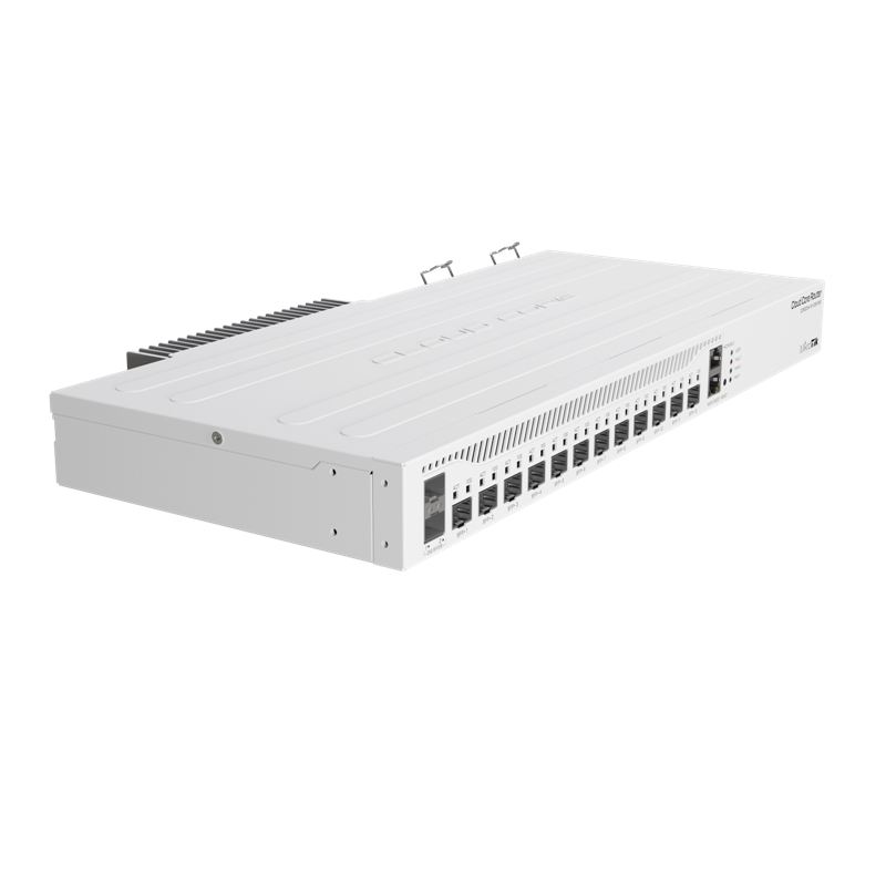 Router Mikrotik Cloud Core CCR2004-1G-12S+2XS en un rack de servidores