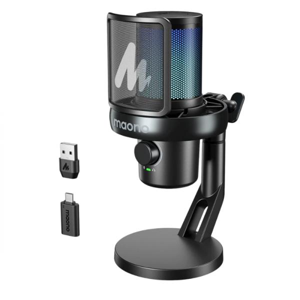 Microfono Maono DM40 PRO USB e Inalambrico con Receptor USB-C Cancelacion de Ruido con Soporte de Escritorio - Negro