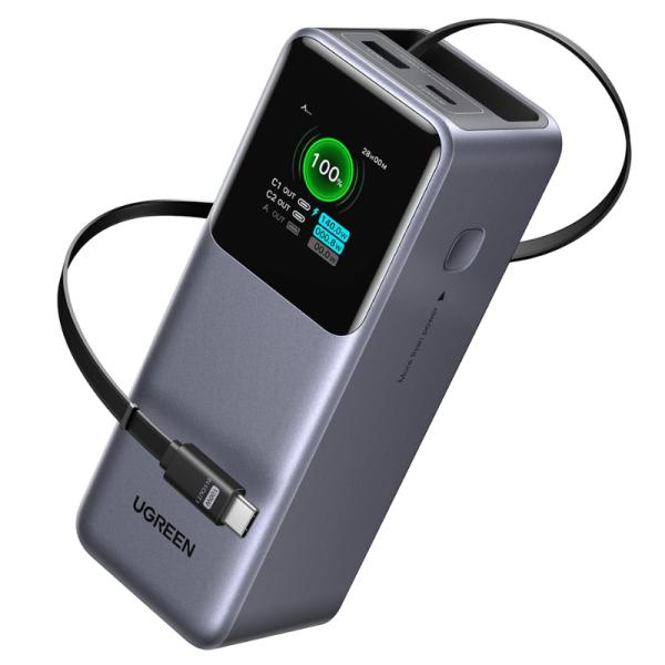 Power Bank Ugreen PB726 20000MAH USC-C / USB-A Cable Retráctil Integrado Carga Rápida 165W 55987B - Gris