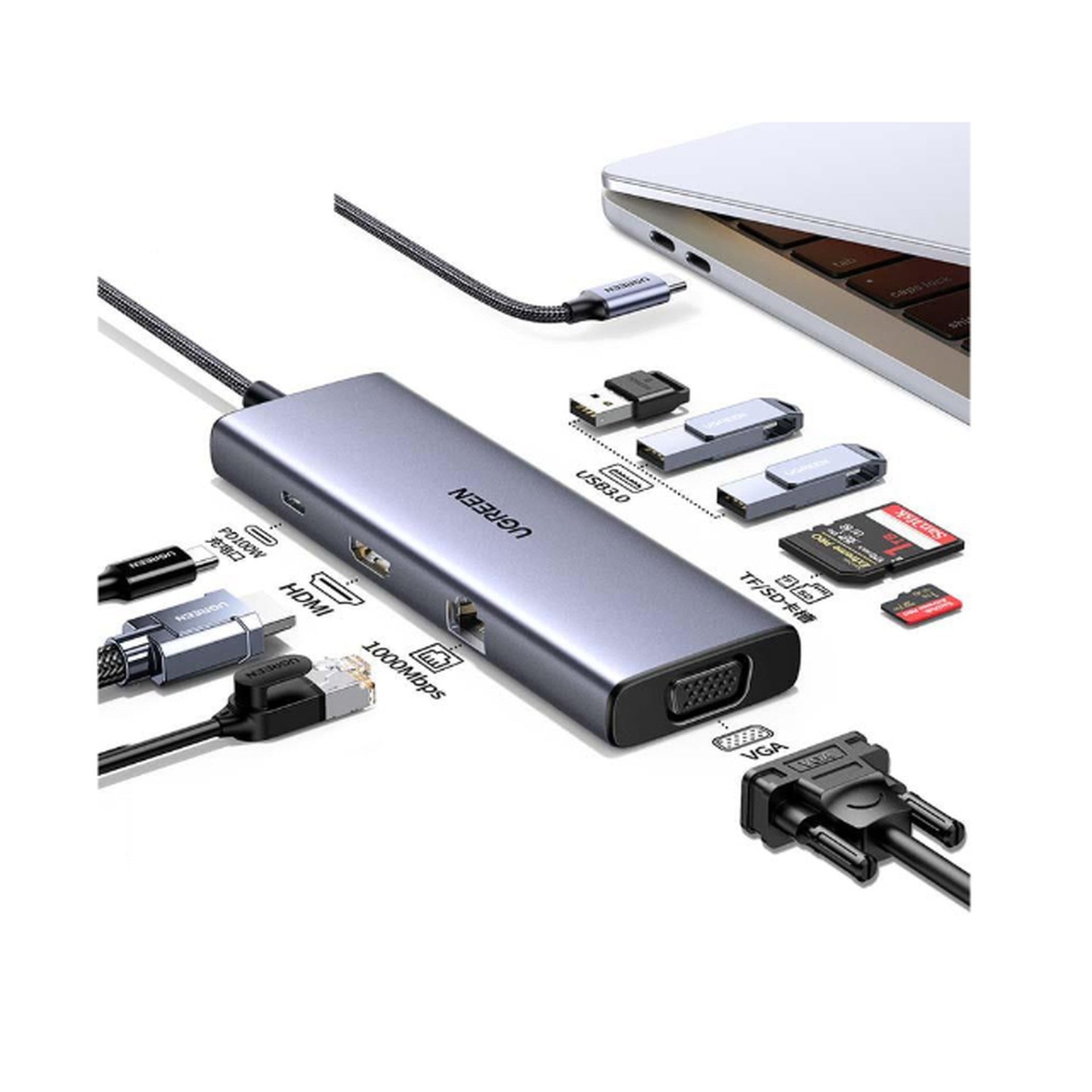 Hub UGREEN CM498 9 en 1 USB-C 3X usb-a 3.0 HDMI 4K VGA RJ45 gigabit SD tf PD 100W 15600