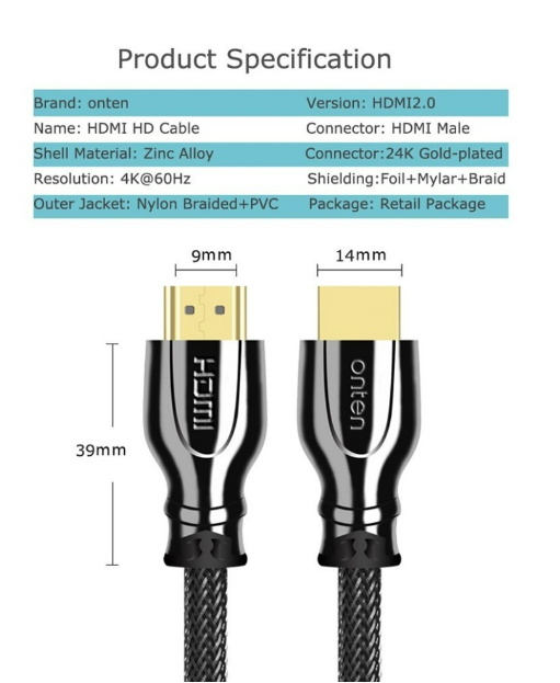 Cable HDMI Tipo a Macho a Macho OTN-8307 Onten - 5M Negro