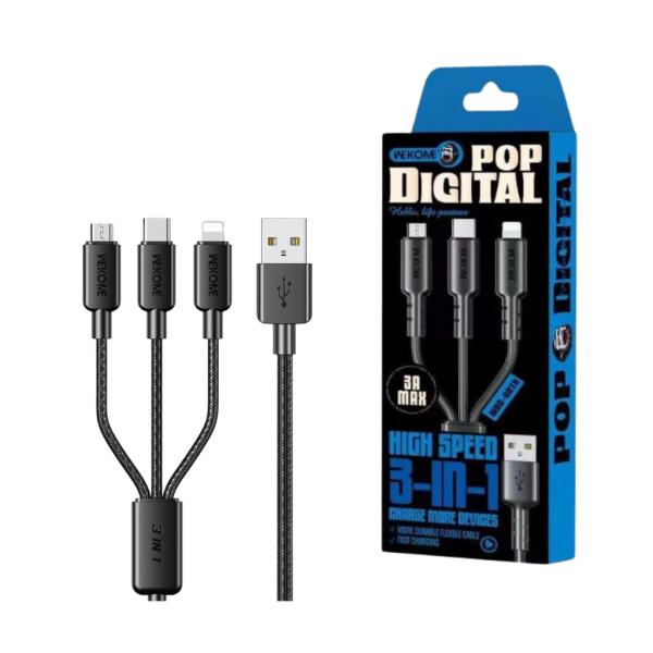 CABLE USB MULTIPLATAFORMA  3EN1 WDC-04TH SERIE CHAONENG WK DESING NEGRO