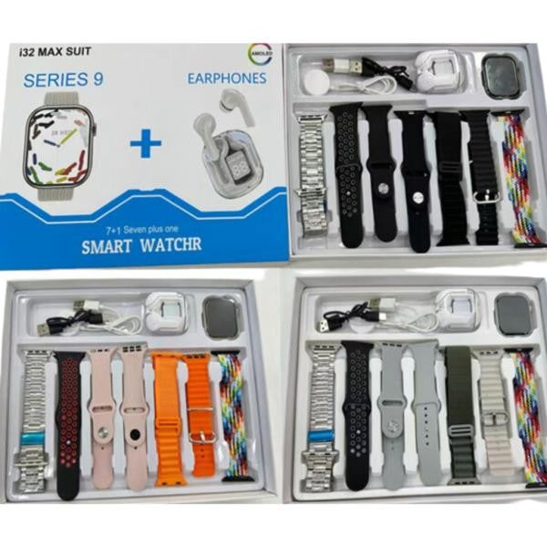 RELOJ INTELIGENTE 7 FAJAS Y AUDIFONOS BLUETOOTH MODELO I32 MAX SUIT NEGRO