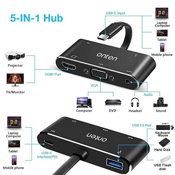 Cable Adaptador USB Tipo C a HDMI VGA Av OTN-9573S Onten