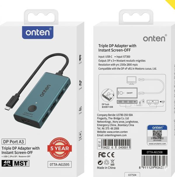 Adaptador Triple con Convertidor de Video Display Port OTN-UC935 Onten - Verde 20CM