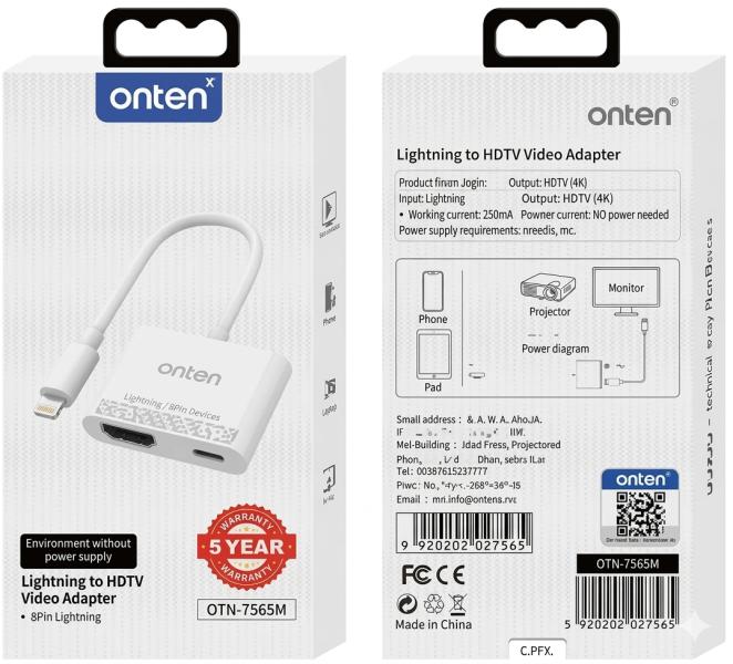 Adaptador de Video USB Lightning Macho a HDMI USB Tipo C Hembra OTN-7565M Onten - 12CM Blanco Imagen principal del producto