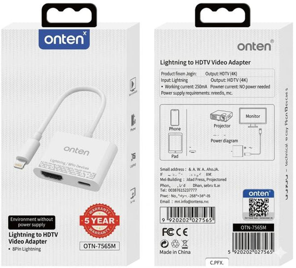 Adaptador de Video USB Lightning Macho a HDMI USB Tipo C Hembra OTN-7565M Onten - 12CM Blanco