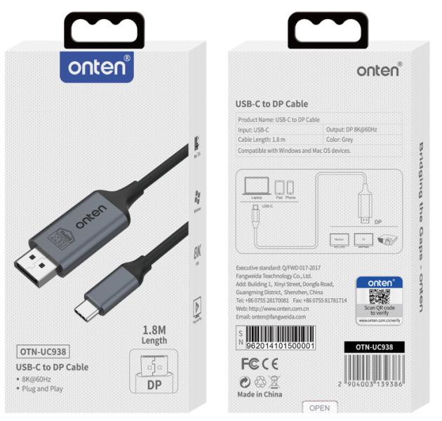 Cable USB Tipo C a Display Port con Convertidor de Video UC938 Onten - 1.8m Negro