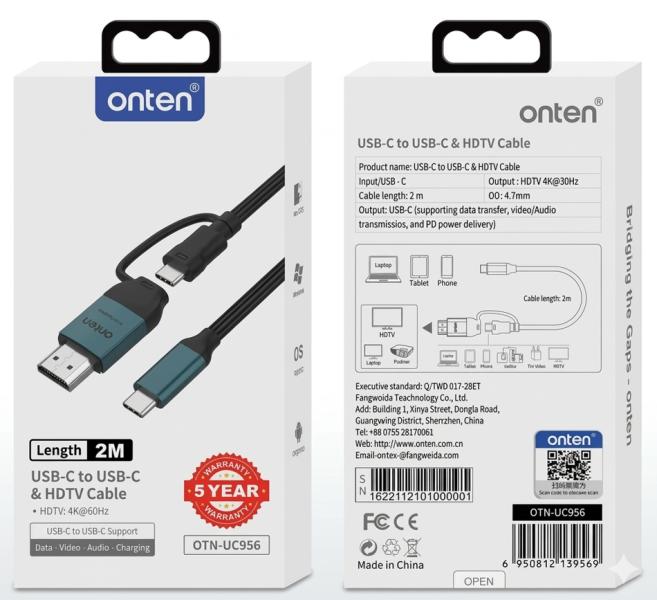 Cable USB Tipo C a Tipo C y HDMI con Convertidor de Video OTN-UC956 Onten - 2M Verde