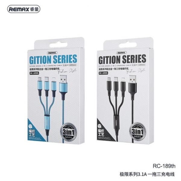 CABLE USB LIGHTNING MICRO B TIPO C RC-189TH SERIE GITION AZUL