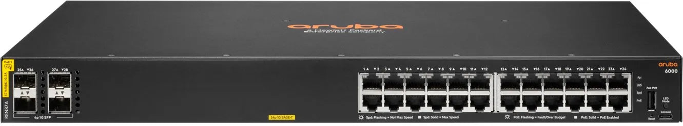 Aruba Switch 6000 24G PoE Clase 4 4SFP 370W R8N87B Imagen principal del producto