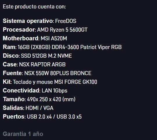 PC NSX GAM. R5 5600G 16G SSD 512 FREE OS
