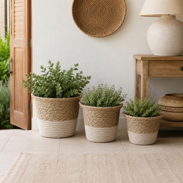 Set de 3 Cets de Yute Medidas 25*25*20/ 30*30*23/ 33*33*27 Natural con Beige