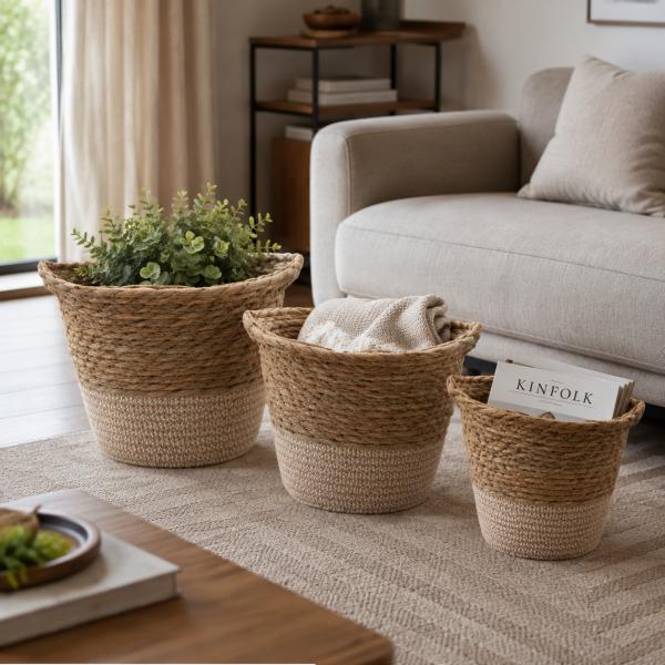 Set de 3 Cets de Yute Medidas 25*25*20/ 30*30*23/ 33*33*27 Natural con Beige