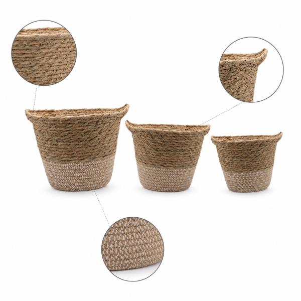 Set de 3 Cets de Yute Medidas 25*25*20/ 30*30*23/ 33*33*27 Natural con Beige