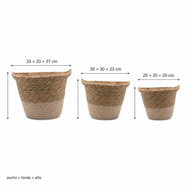 Set de 3 Cets de Yute Medidas 25*25*20/ 30*30*23/ 33*33*27 Natural con Beige