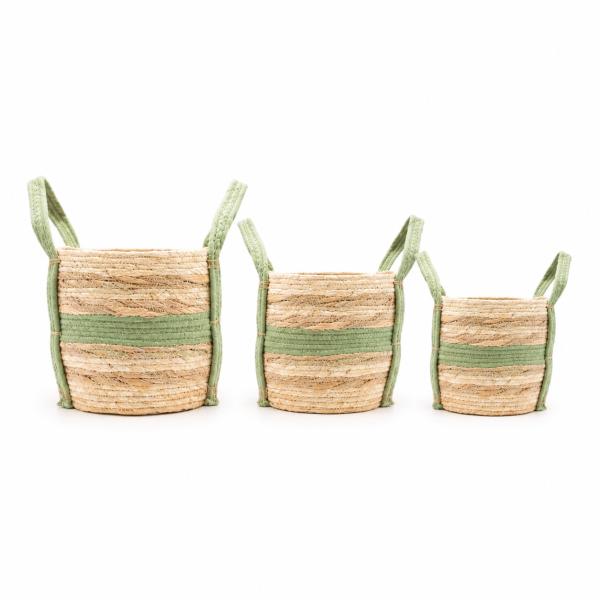 Set de 3 Cets de Yute y Algodon de Franja 33x30cm 30x26cm 23x23cm Verde