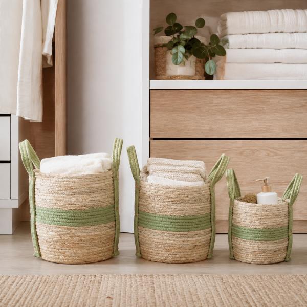 Set de 3 Cets de Yute y Algodon de Franja 33x30cm 30x26cm 23x23cm Verde