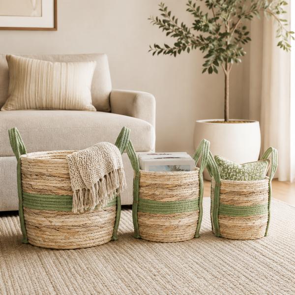 Set de 3 Cets de Yute y Algodon de Franja 33x30cm 30x26cm 23x23cm Verde