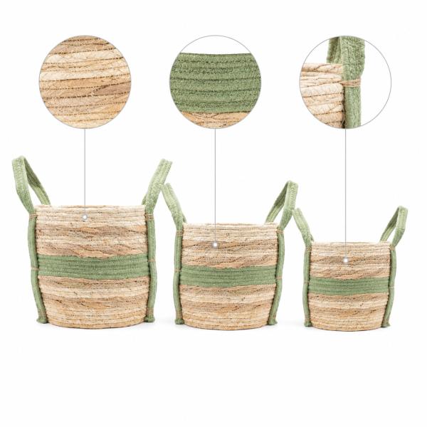 Set de 3 Cets de Yute y Algodon de Franja 33x30cm 30x26cm 23x23cm Verde