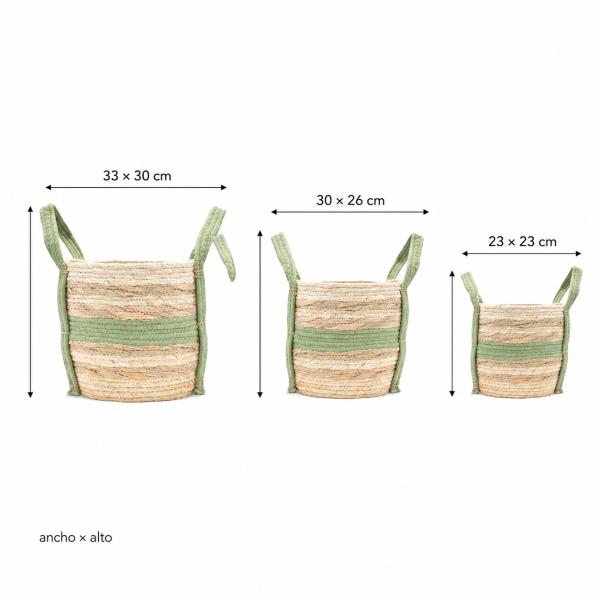 Set de 3 Cets de Yute y Algodon de Franja 33x30cm 30x26cm 23x23cm Verde