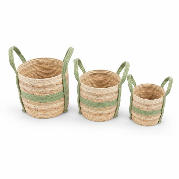 Set de 3 Cets de Yute y Algodon de Franja 33x30cm 30x26cm 23x23cm Verde