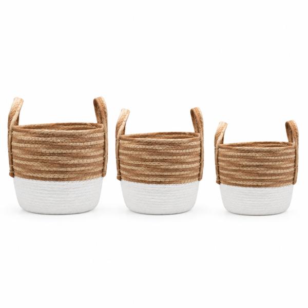 Set de 3 Cets de Yute Medidas 24*24*20/ 30*30*22/ 33*33*25 Beige y Blanco