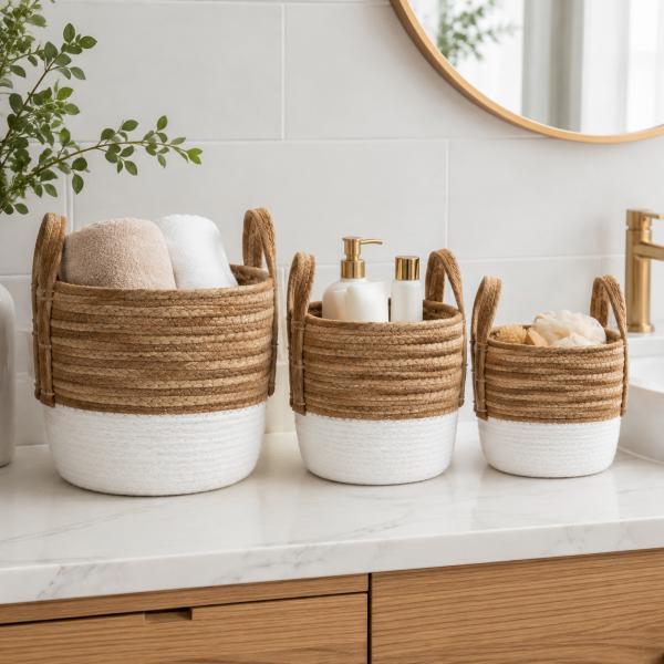 Set de 3 Cets de Yute Medidas 24*24*20/ 30*30*22/ 33*33*25 Beige y Blanco