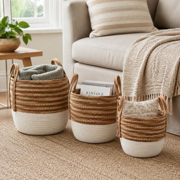 Set de 3 Cets de Yute Medidas 24*24*20/ 30*30*22/ 33*33*25 Beige y Blanco