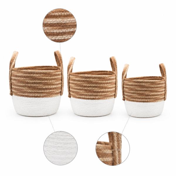 Set de 3 Cets de Yute Medidas 24*24*20/ 30*30*22/ 33*33*25 Beige y Blanco