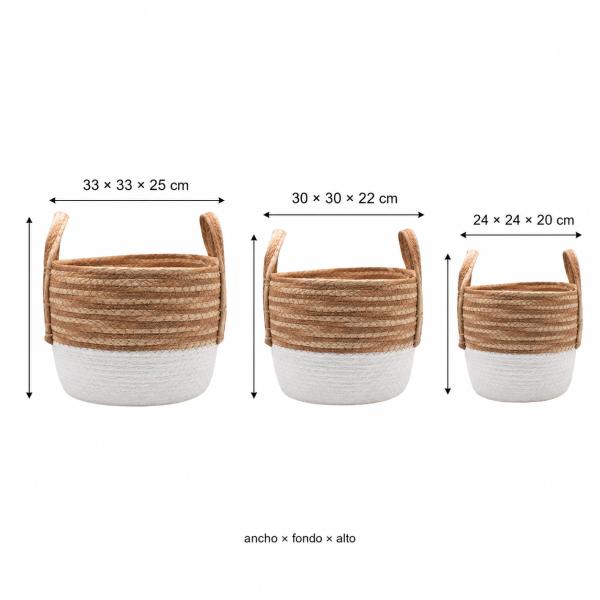 Set de 3 Cets de Yute Medidas 24*24*20/ 30*30*22/ 33*33*25 Beige y Blanco