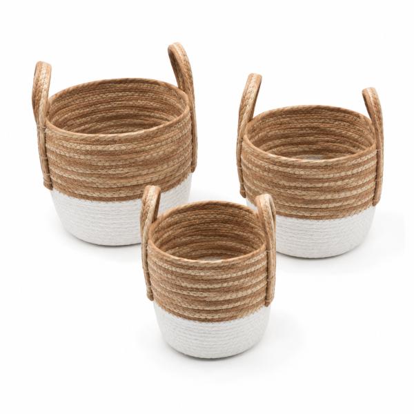 Set de 3 Cets de Yute Medidas 24*24*20/ 30*30*22/ 33*33*25 Beige y Blanco