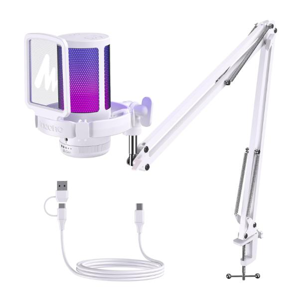 Micrófono Gaming RGB Maono DGM20S White con Brazo USB / USB-C con Cancelación de Ruido - Blanco