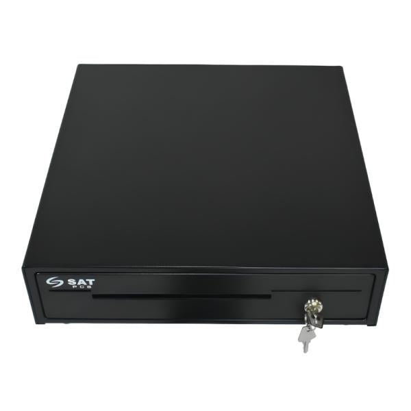 Gaveta de Dinero Punto de Venta Sat America Sat RS130 RJ11 4 Compartimentos Billetes 8 Monedas Apertura Automatica y Llave 133 X 390 X 418 Mm 4070010000020 - Negro