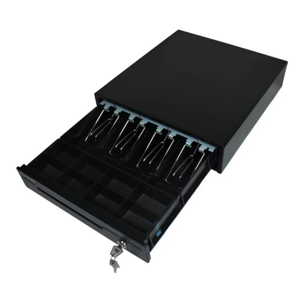 Gaveta de Dinero Punto de Venta Sat America Sat RS130 RJ11 4 Compartimentos Billetes 8 Monedas Apertura Automatica y Llave 133 X 390 X 418 Mm 4070010000020 - Negro