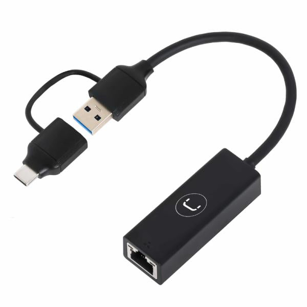 Adaptador 2 en 1 Unno Tekno AD3007BK usb-a USB-C dual a gigabit ethernet 10M 100M 1gbps