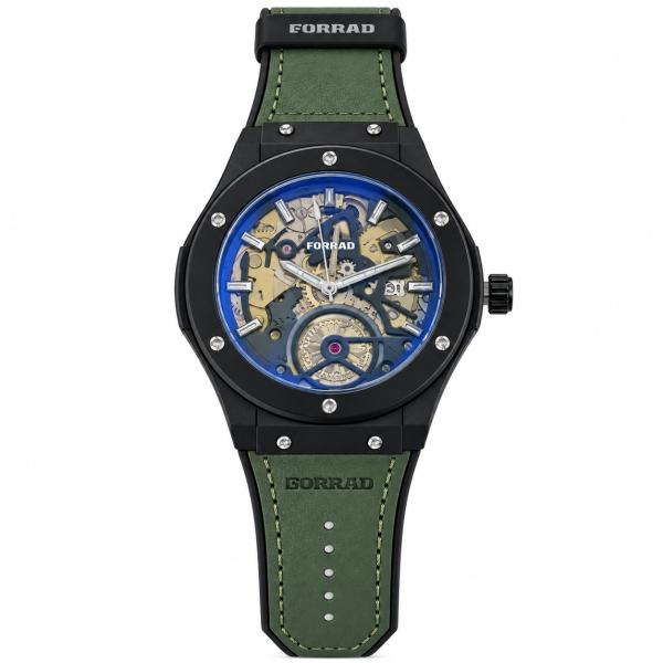 Reloj Analogico de Pulsera con Banda de Cuero - Verde con Negro