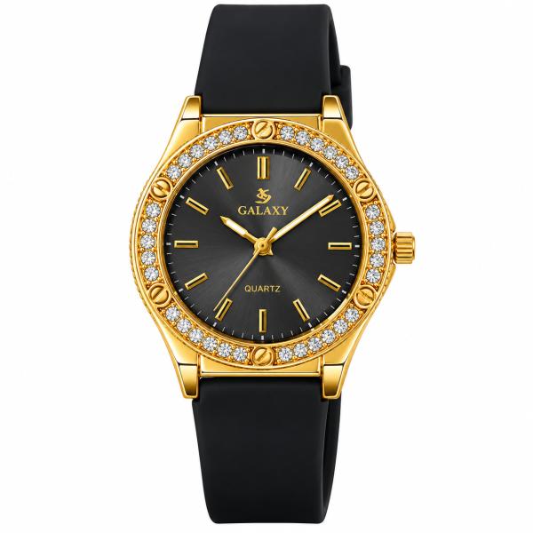 Reloj Analogico de Pulsera con Banda de Silicon - Negro con Dorado